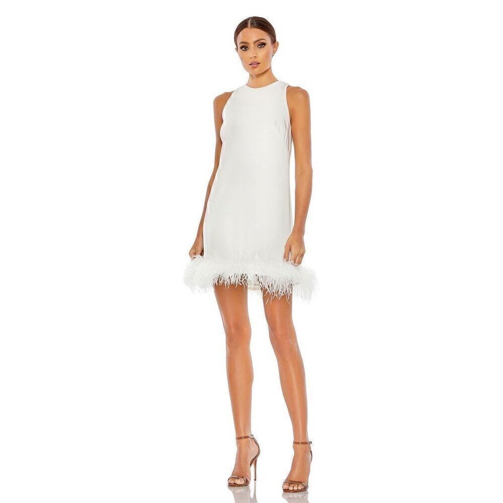 Mac Duggal FEATHERED HEM HIGH NECK SLEEVELESS A LINE DRESS New